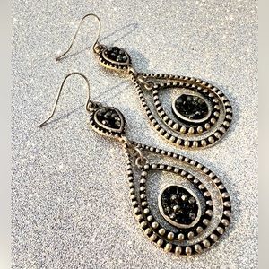 Black Druzy Silver Drop Earrings w/Double Floating Teardrop~Vintage Inspired 🖤